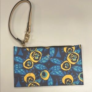 Carlota Blue and Yellow Abstract Floral Women's Leather Wristlet Clutch / NWOT
